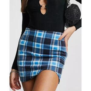 COLLUSION ASOS Brushed Check Curved Hem Mini Skirt Blue Plaid Size 2